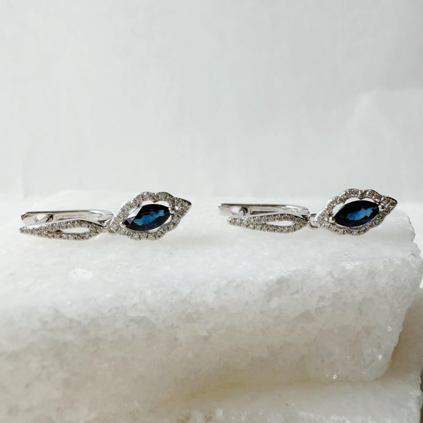 14K Solid White Gold Natural Sapphire Diamond Dangle Earrings | Marquise Sapphire Drop Earrings | September Birthstone Fine Jewelry Gift