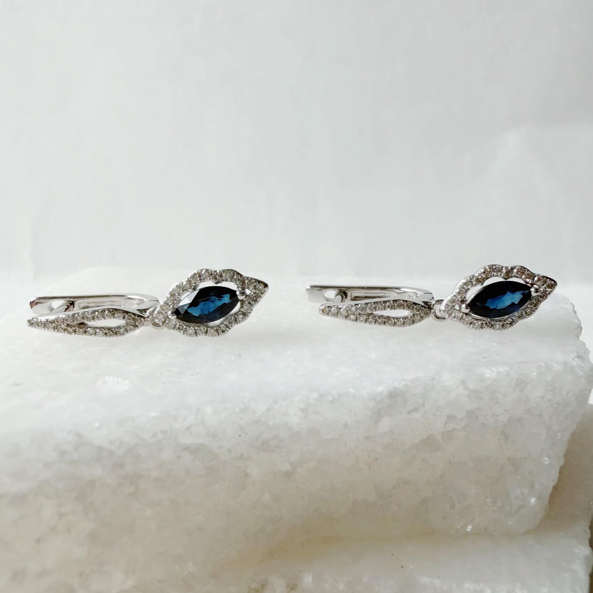 14K Solid White Gold Natural Sapphire Diamond Dangle Earrings | Marquise Sapphire Drop Earrings | September Birthstone Fine Jewelry Gift