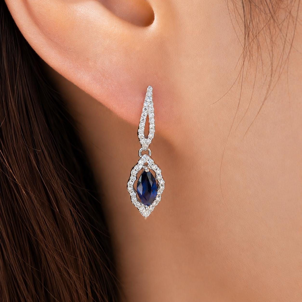 14K Solid White Gold Natural Sapphire Diamond Dangle Earrings | Marquise Sapphire Drop Earrings | September Birthstone Fine Jewelry Gift
