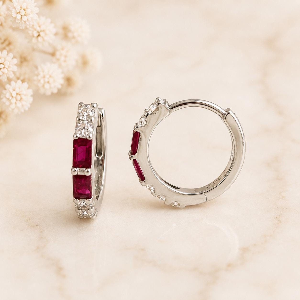 14K Solid Gold Baguette Ruby Diamond Hoop Earrings | Natural Ruby Huggie Hoops | July Birthstone Fine Jewelry Gift for Her