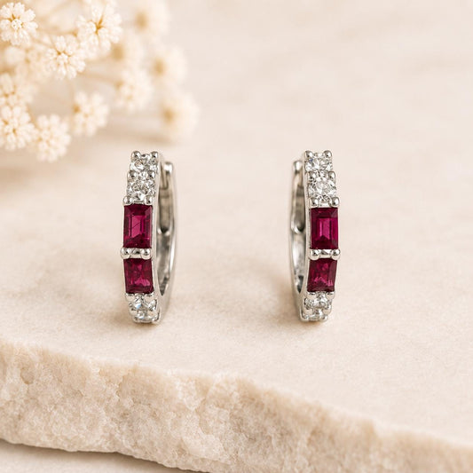 14K Solid Gold Baguette Ruby Diamond Hoop Earrings | Natural Ruby Huggie Hoops | July Birthstone Fine Jewelry Gift for Her