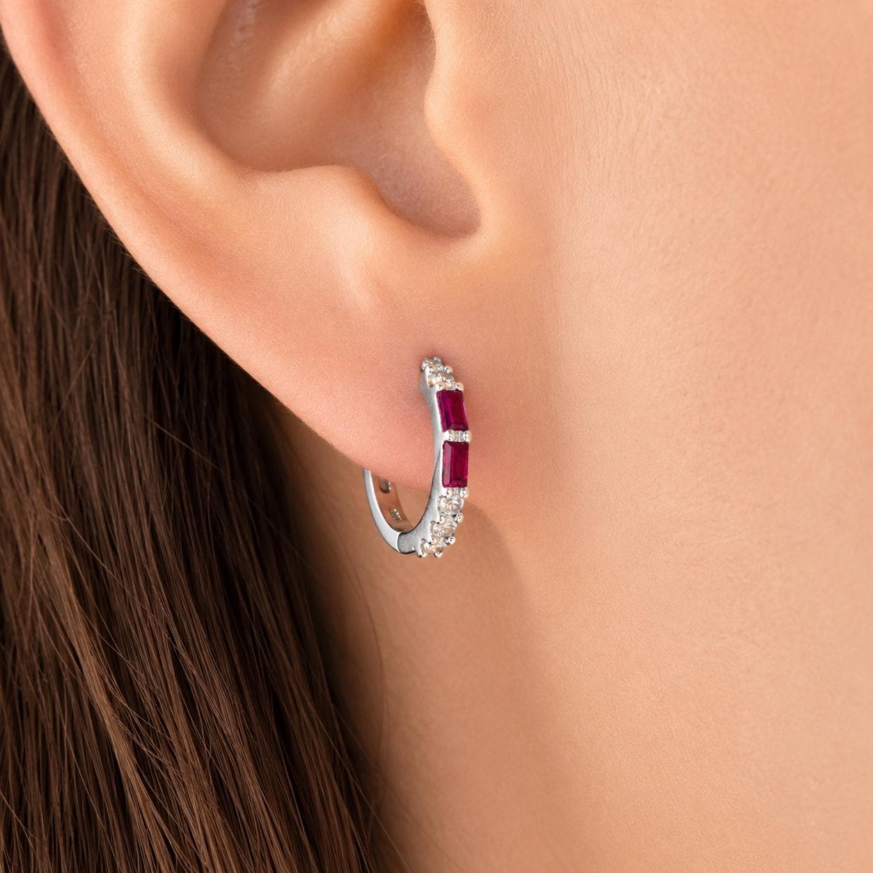 14K Solid Gold Baguette Ruby Diamond Hoop Earrings | Natural Ruby Huggie Hoops | July Birthstone Fine Jewelry Gift for Her