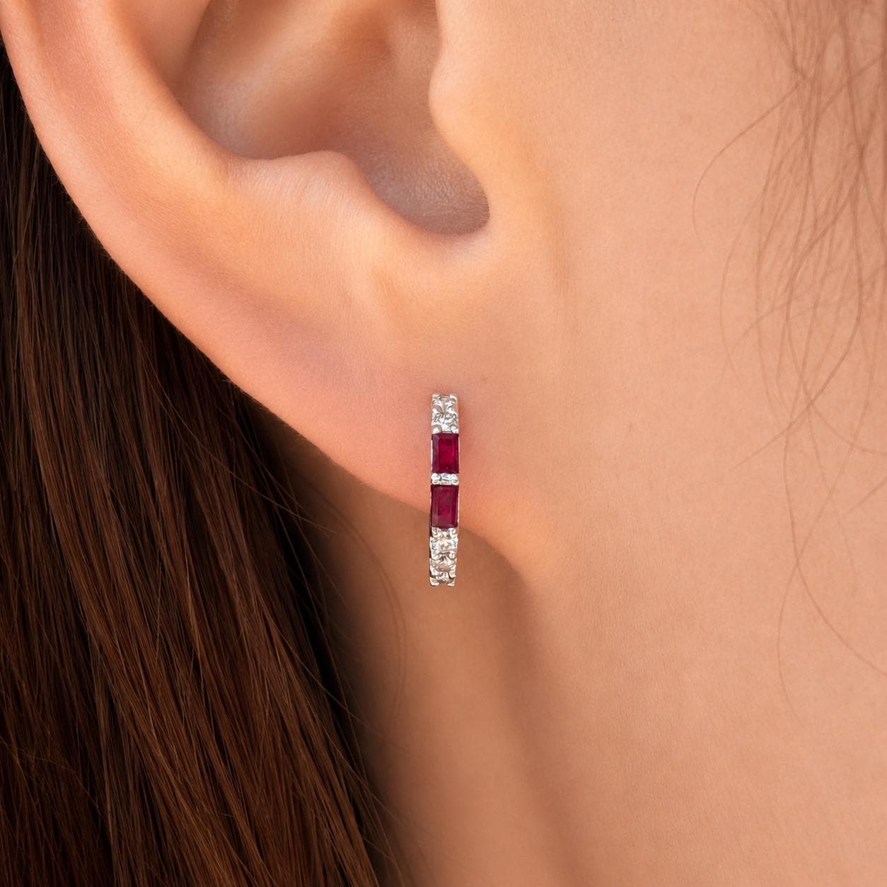 14K Solid Gold Baguette Ruby Diamond Hoop Earrings | Natural Ruby Huggie Hoops | July Birthstone Fine Jewelry Gift for Her