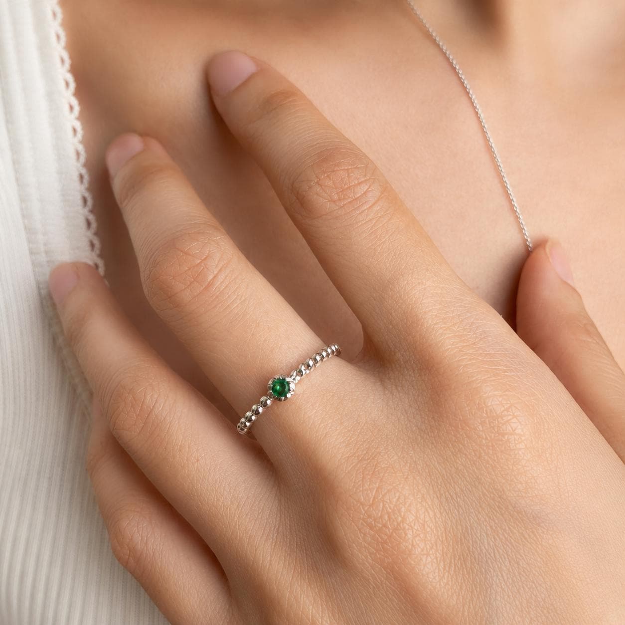 Emerald Ring, 18K Solid White Gold Beaded Twist Band, Genuine Natural Emerald Ring, May Birthstone Gift for Her