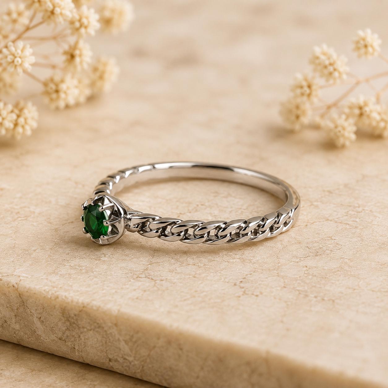 Emerald Ring, 18K Solid White Gold Beaded Twist Band, Genuine Natural Emerald Ring, May Birthstone Gift for Her
