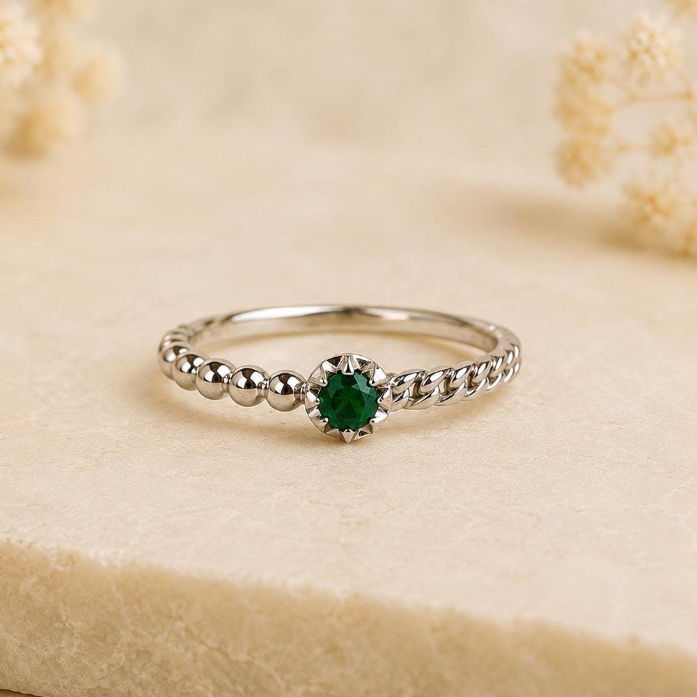 Emerald Ring, 18K Solid White Gold Beaded Twist Band, Genuine Natural Emerald Ring, May Birthstone Gift for Her