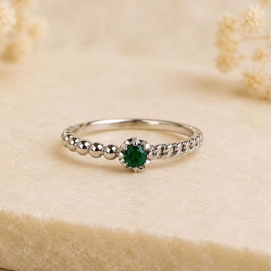 Emerald Ring, 18K Solid White Gold Beaded Twist Band, Genuine Natural Emerald Ring, May Birthstone Gift for Her