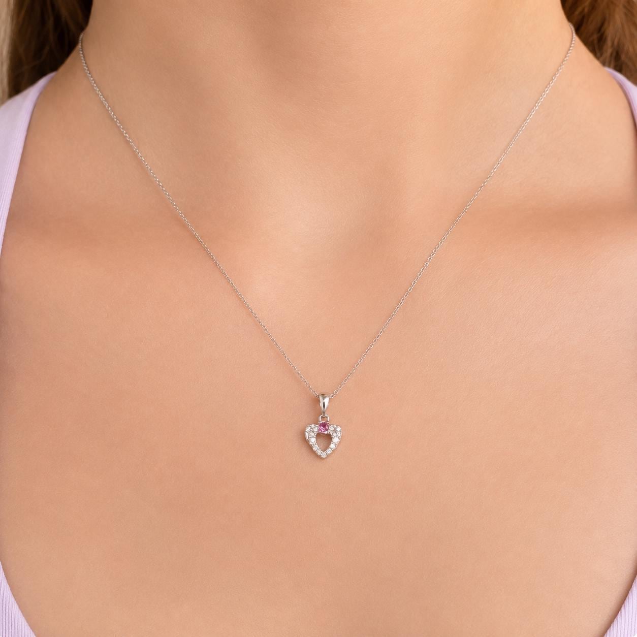 Ruby Diamond Heart Pendant, 18K White Gold Genuine Ruby Necklace Charm, Diamond Halo Heart, July Birthstone Gift for Her