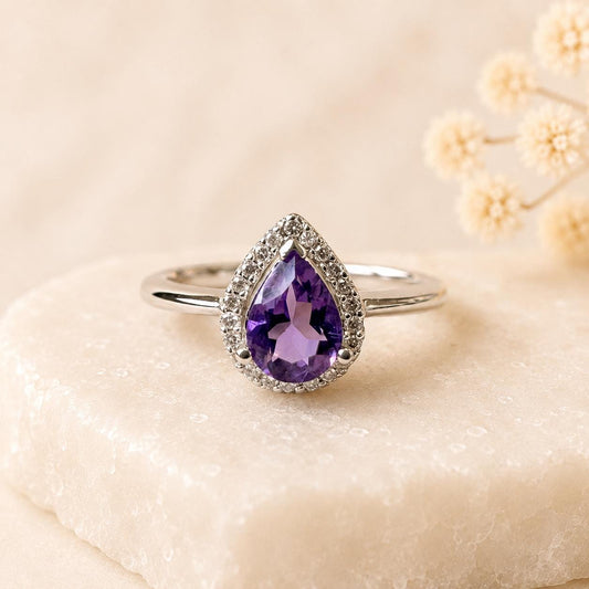 Amethyst Diamond Ring, 14K Solid White Gold Halo Engagement Ring, Genuine Pear Amethyst Ring, February Birthstone Gift for Her