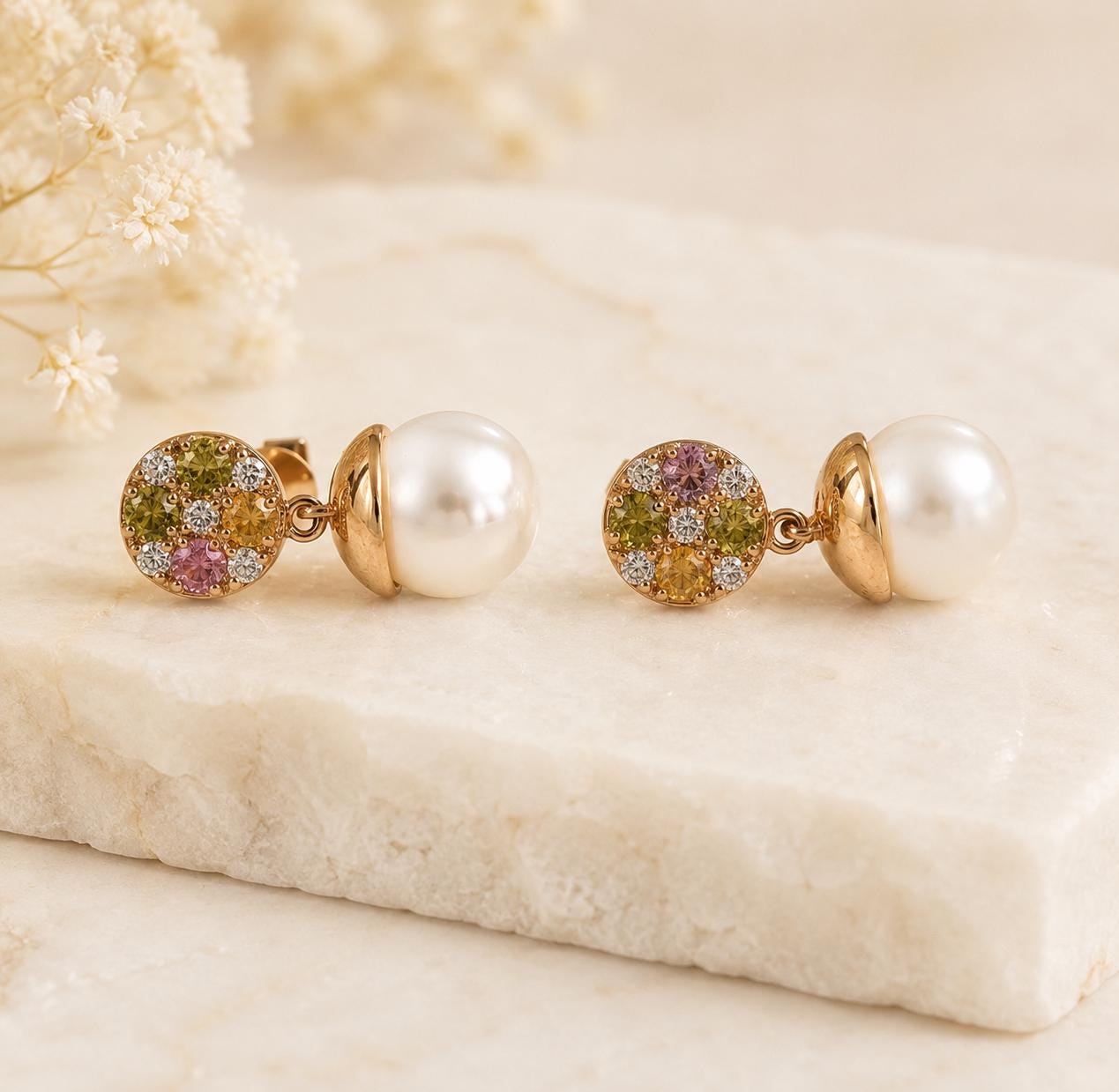 18K Rose Gold Akoya Pearl Earrings | Natural Pearl Diamond & Multi Color Sapphire Drop Earrings | Genuine Pearl Dangle Earrings