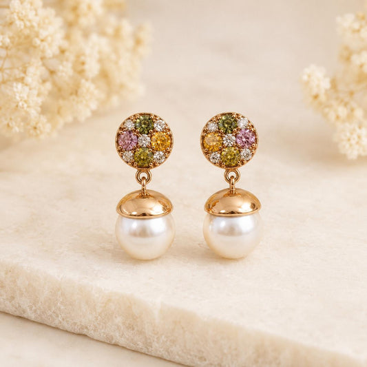 18K Rose Gold Akoya Pearl Earrings | Natural Pearl Diamond & Multi Color Sapphire Drop Earrings | Genuine Pearl Dangle Earrings