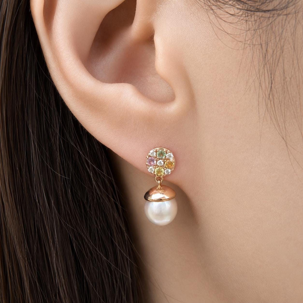 18K Rose Gold Akoya Pearl Earrings | Natural Pearl Diamond & Multi Color Sapphire Drop Earrings | Genuine Pearl Dangle Earrings