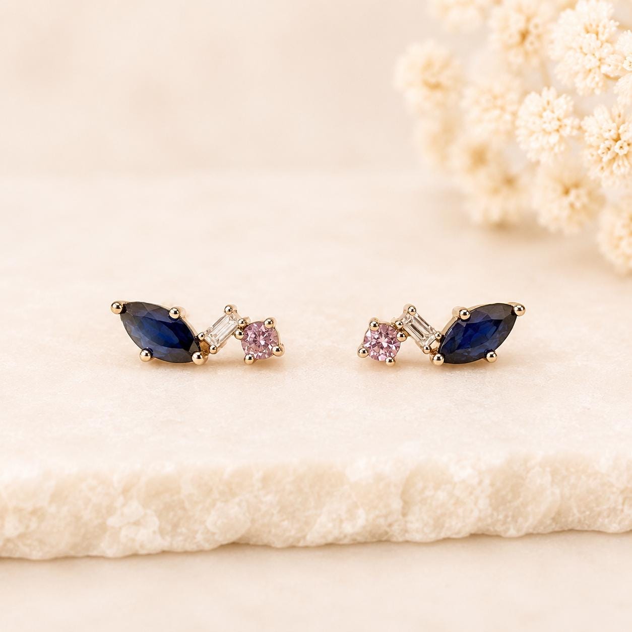 14K Solid Gold Natural Sapphire Stud Earrings, Diamond & Pink Sapphire Earrings, Marquise Sapphire Studs, September Birthstone Gift for Her