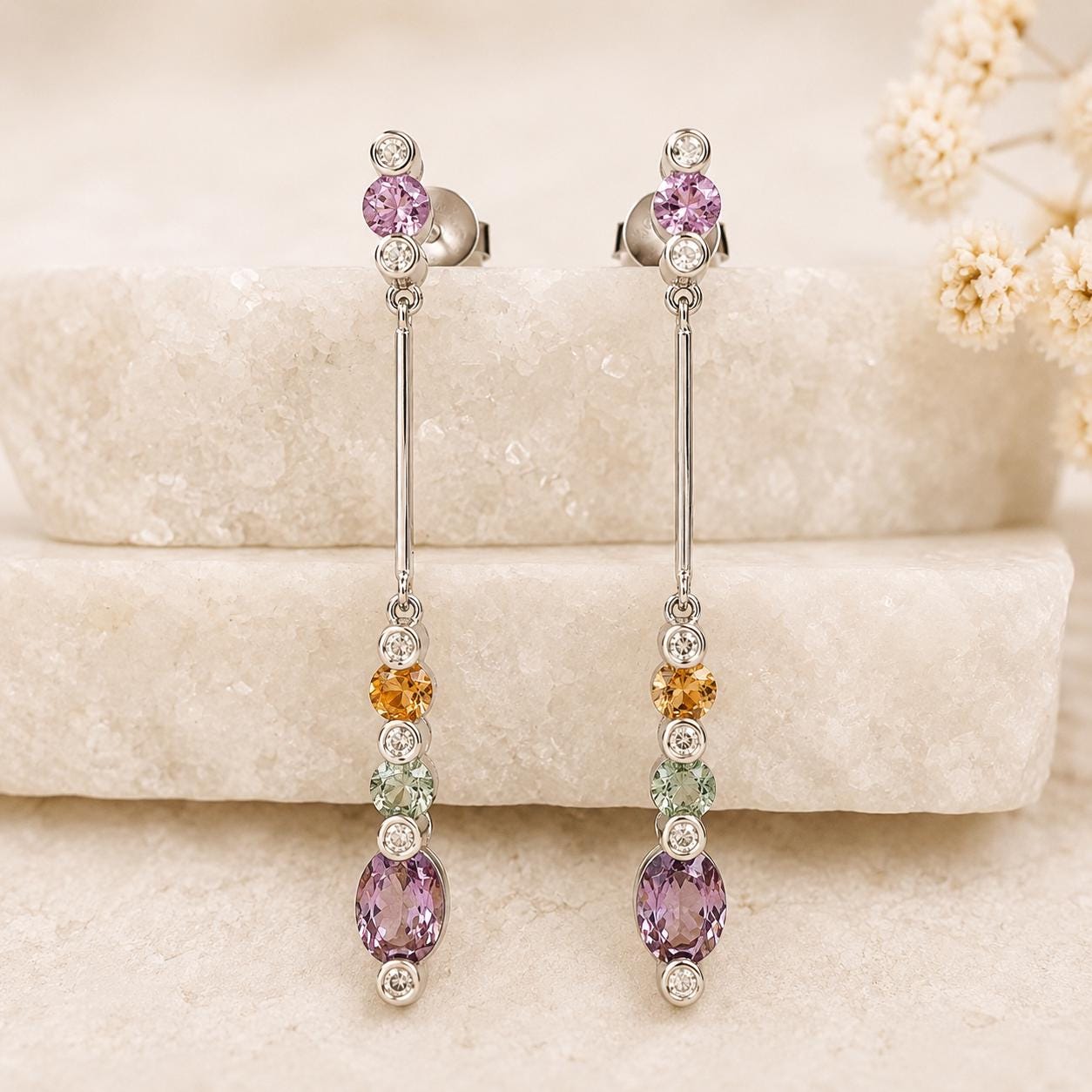18K Solid White Gold Rainbow Sapphire and Diamond Drop Earrings | Natural Multi Sapphire Dangle Earrings | Luxury Gemstone Earrings