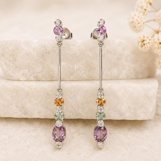 18K Solid White Gold Rainbow Sapphire and Diamond Drop Earrings | Natural Multi Sapphire Dangle Earrings | Luxury Gemstone Earrings