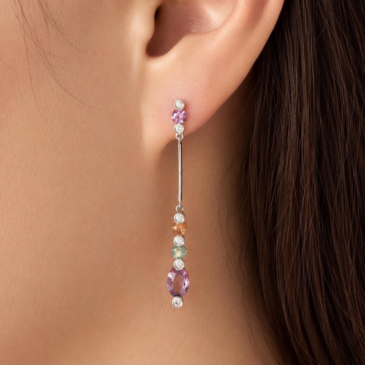 18K Solid White Gold Rainbow Sapphire and Diamond Drop Earrings | Natural Multi Sapphire Dangle Earrings | Luxury Gemstone Earrings