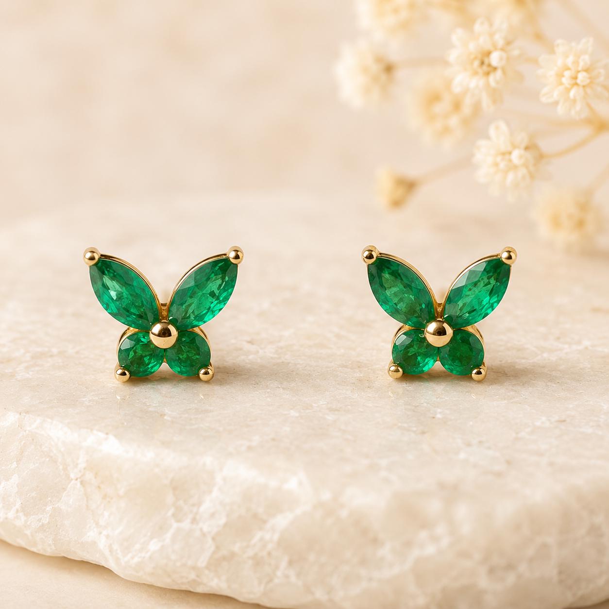 14K Solid Gold Genuine Emerald Butterfly Studs/Pair