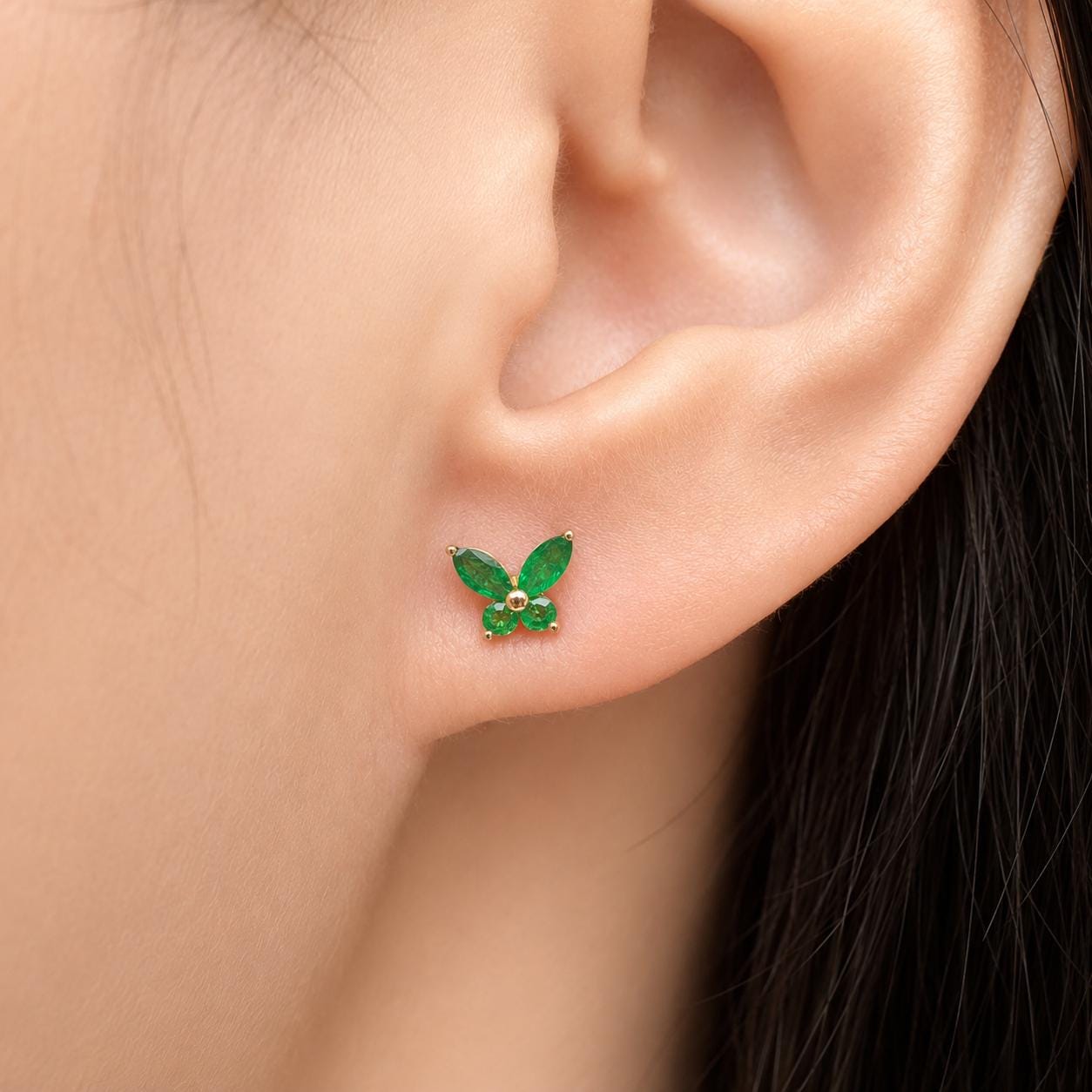 14K Solid Gold Genuine Emerald Butterfly Studs/Pair