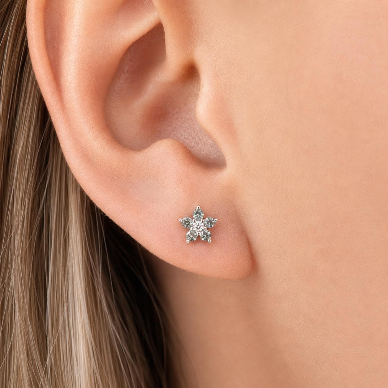 14K Solid Gold Genuine Green Sapphire Flower Studs