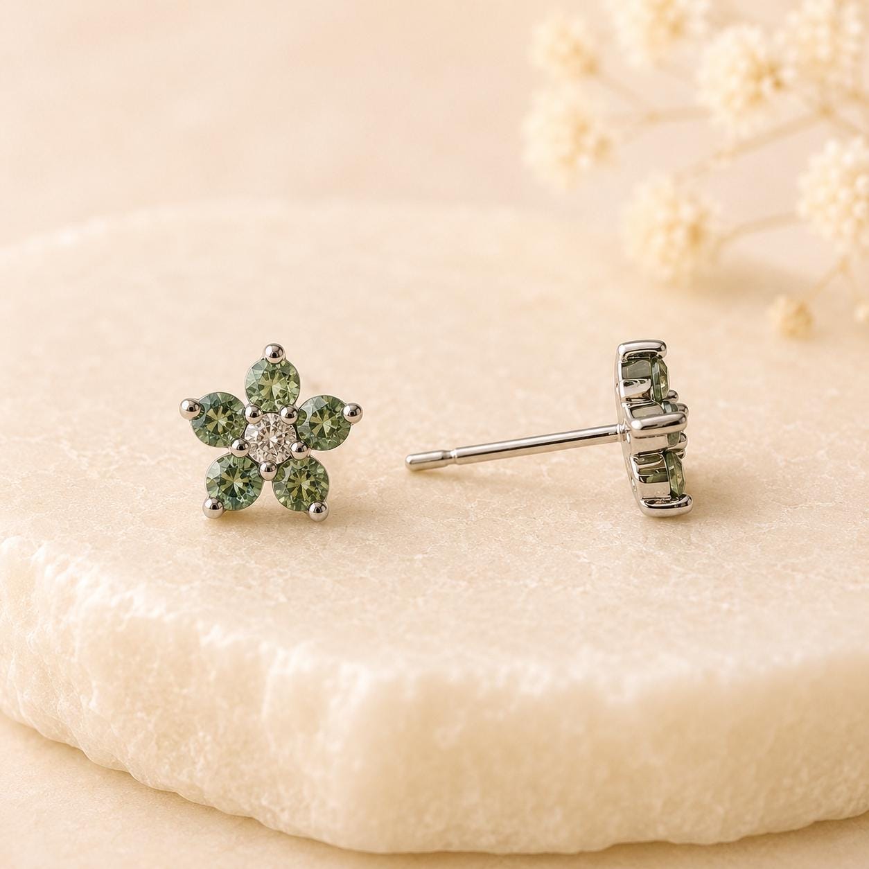 14K Solid Gold Genuine Green Sapphire Flower Studs