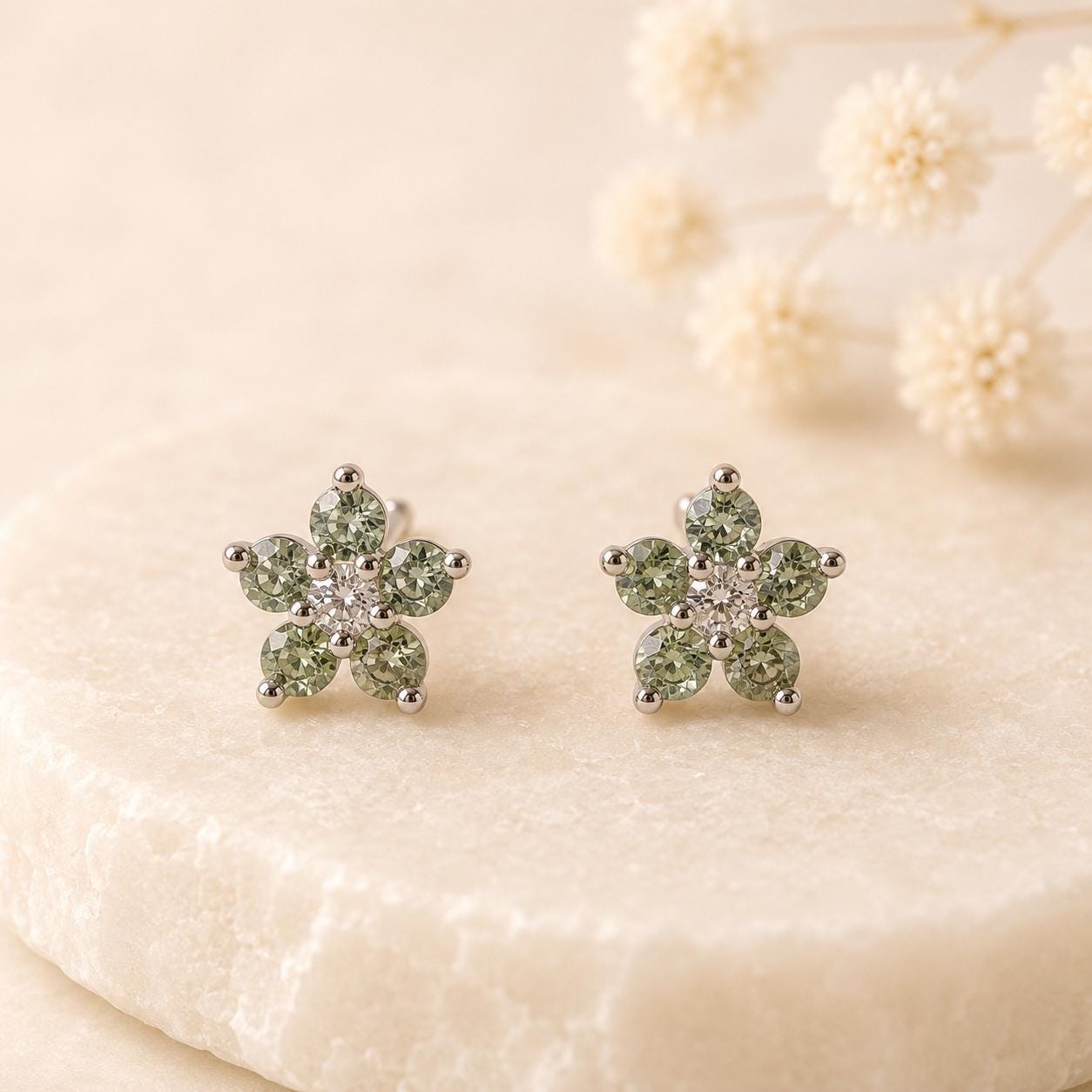 14K Solid Gold Genuine Green Sapphire Flower Studs