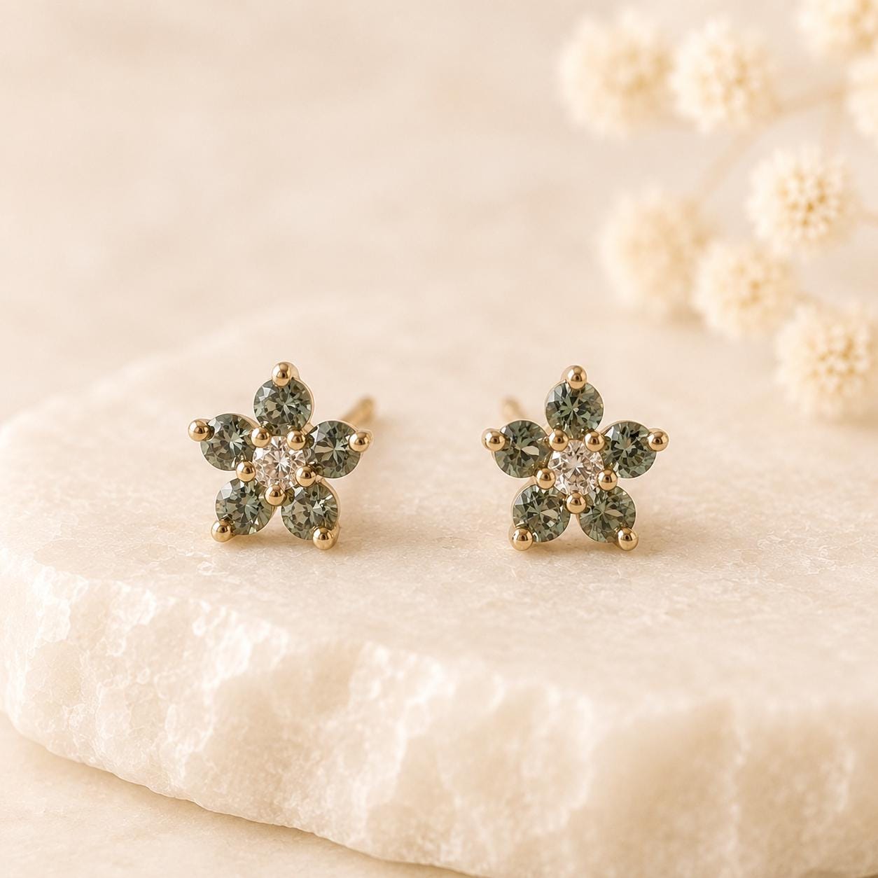 14K Solid Gold Genuine Green Sapphire Flower Studs