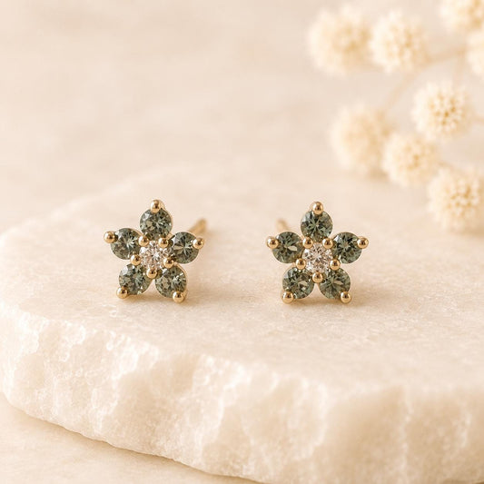 14K Solid Gold Genuine Green Sapphire Flower Studs