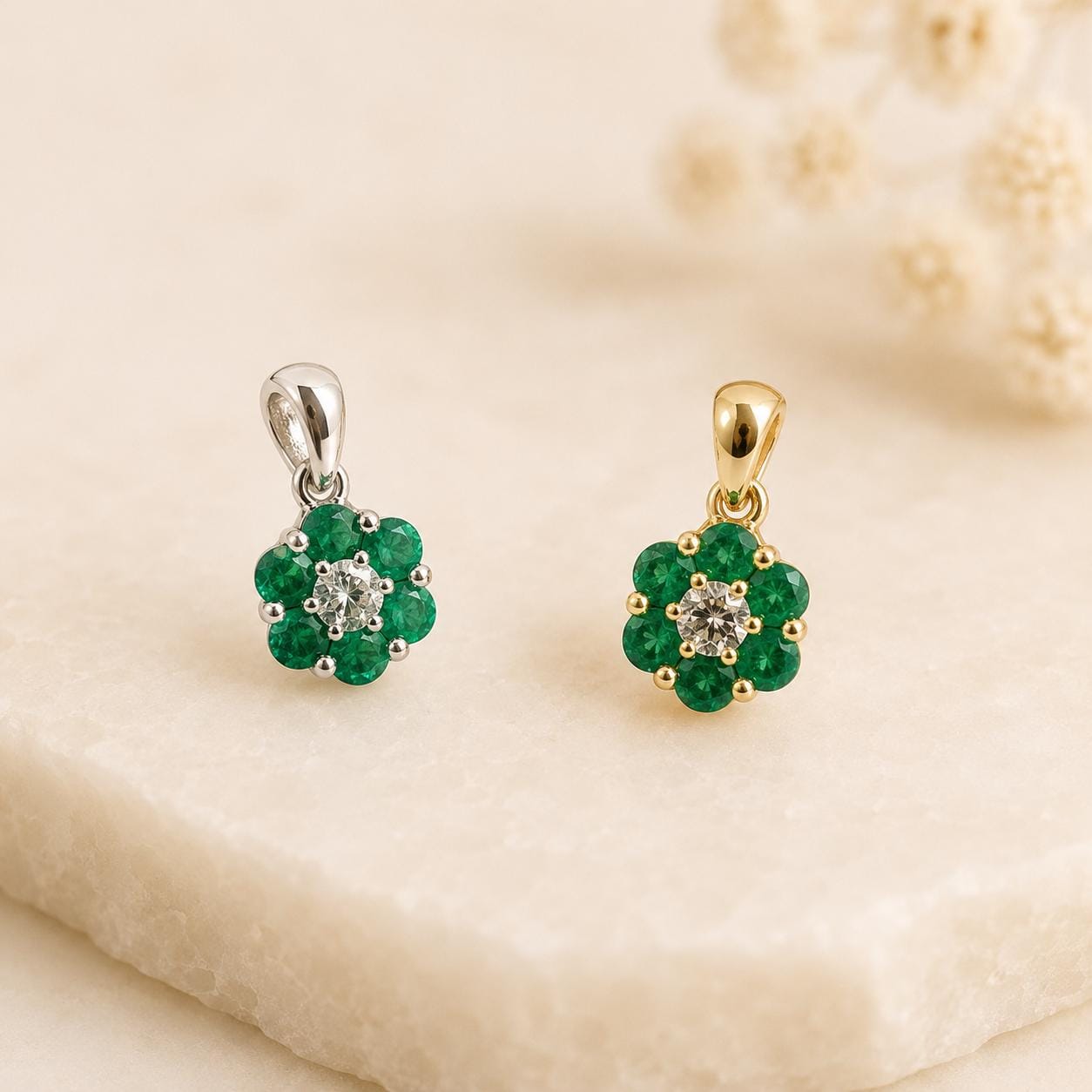 14K Solid Gold Genuine Emerald and Diamond Flower Pendant