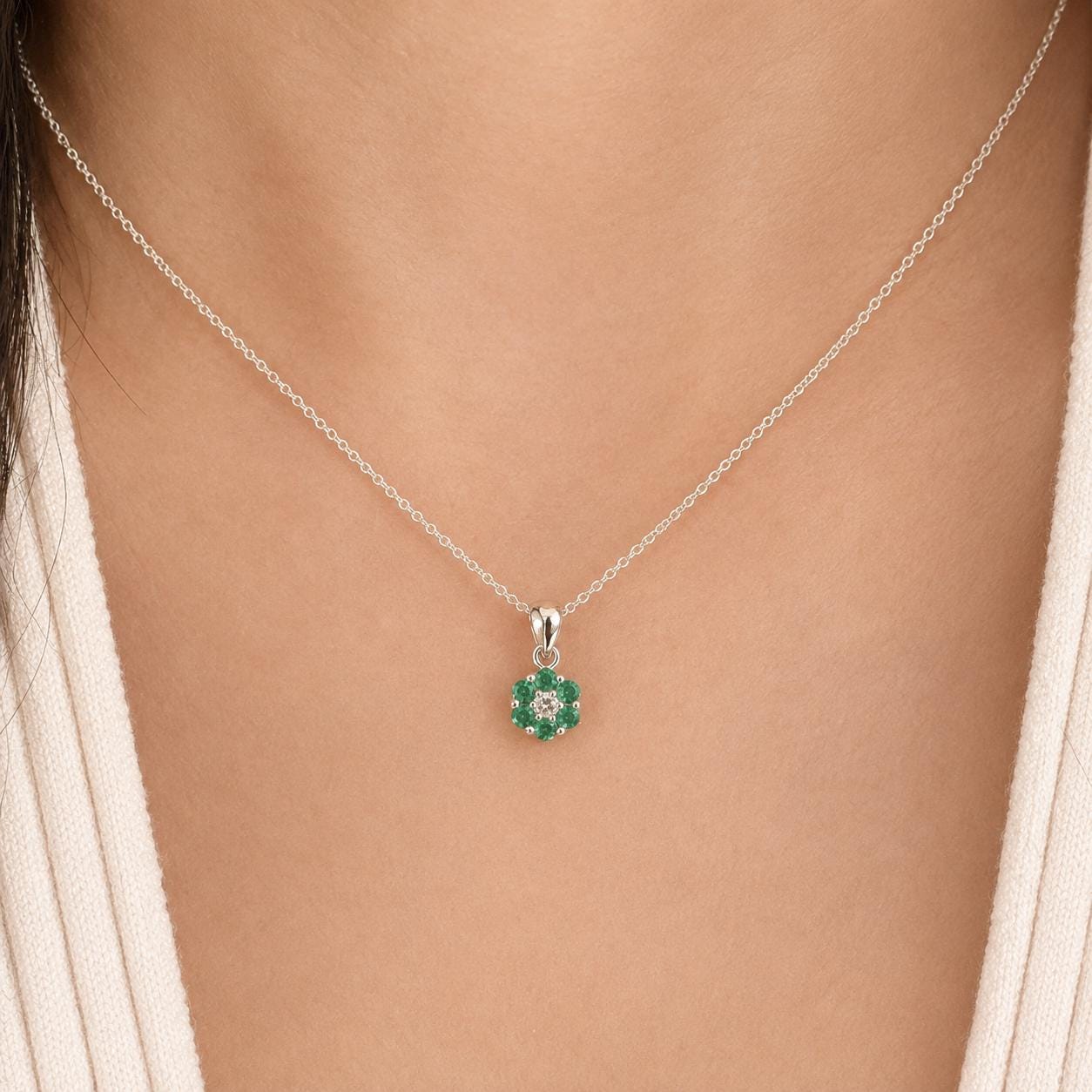14K Solid Gold Genuine Emerald and Diamond Flower Pendant