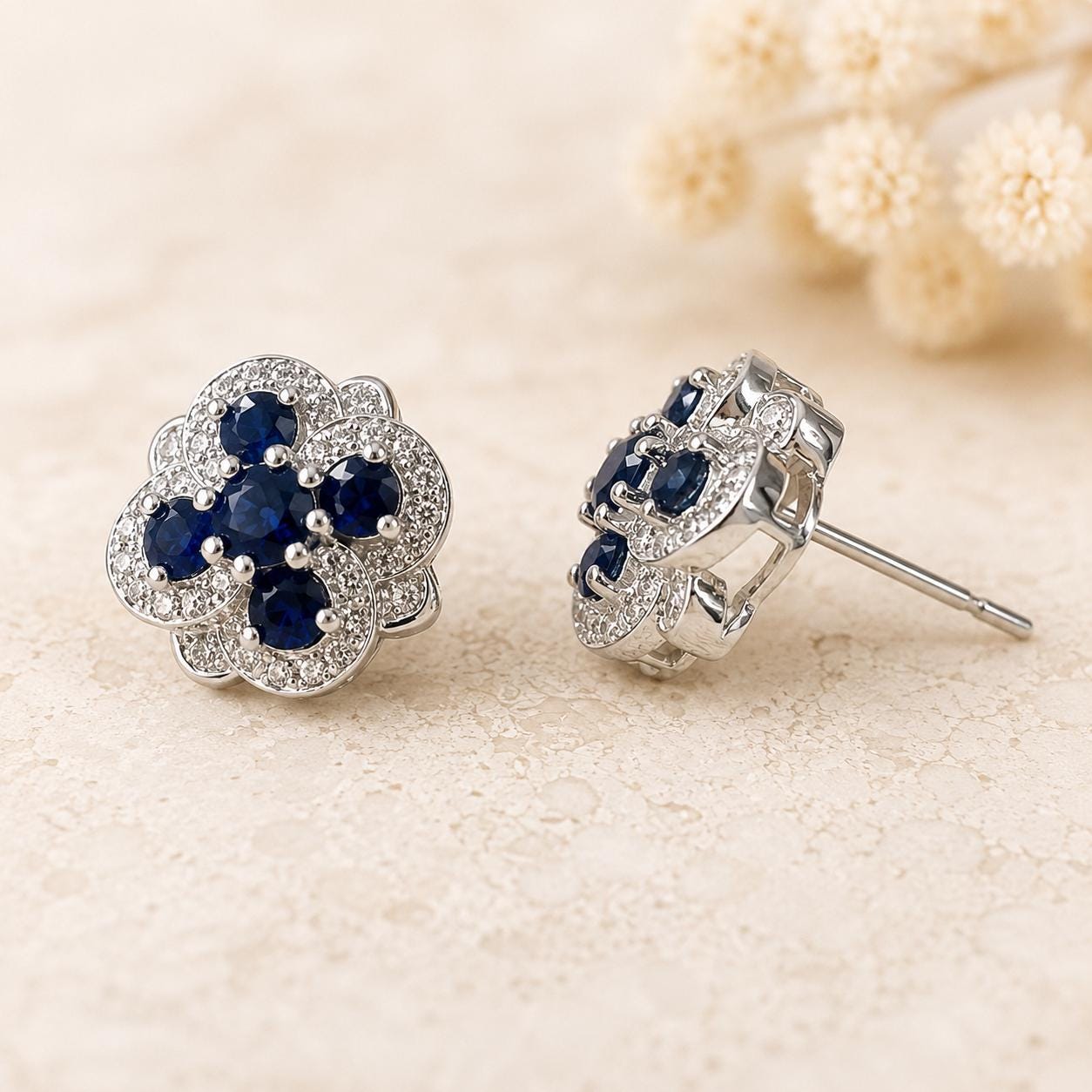 Natural Sapphire Diamond Halo Stud Earrings, 14K White Gold, Genuine Blue Sapphire Cluster, September Birthstone Gift for Her