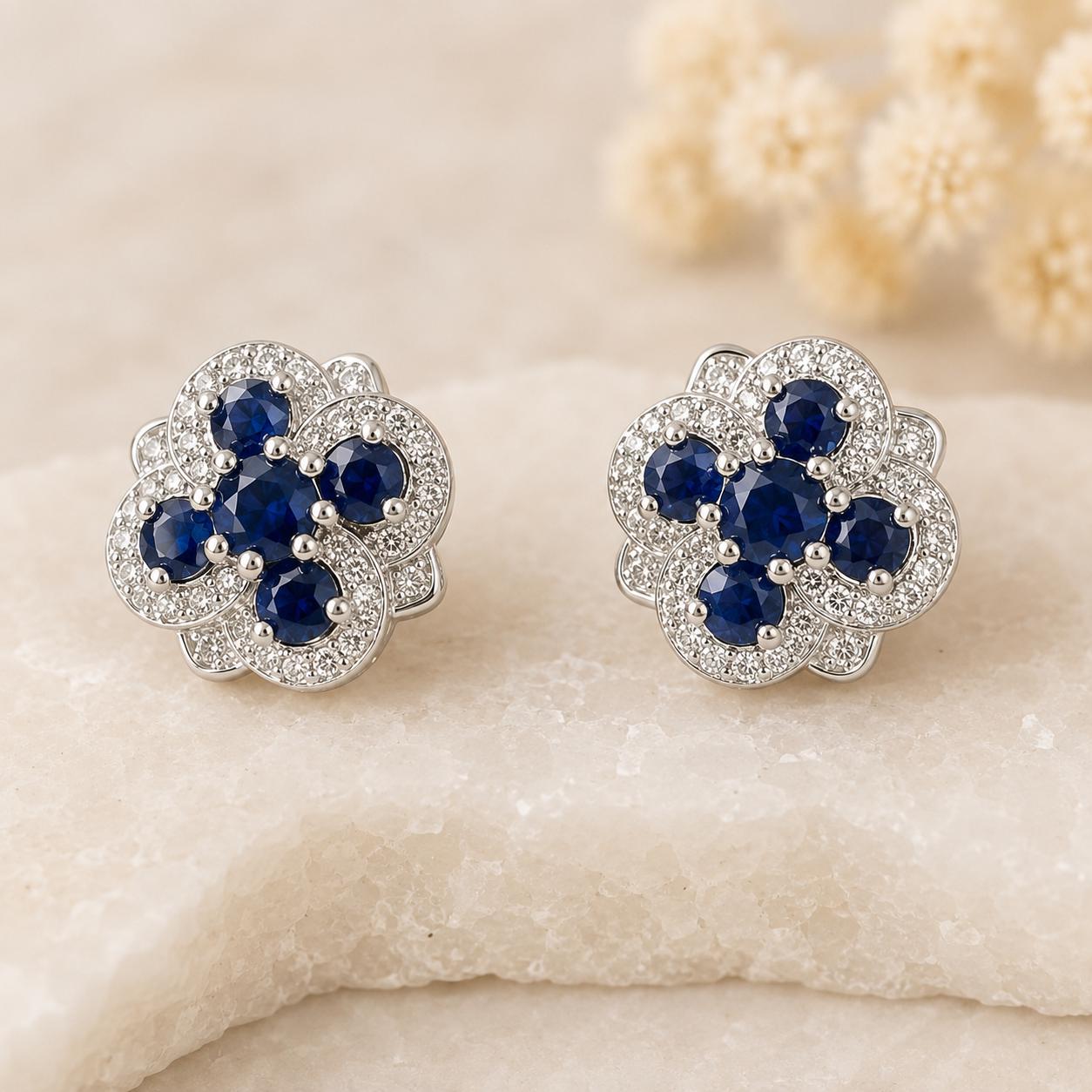 Natural Sapphire Diamond Halo Stud Earrings, 14K White Gold, Genuine Blue Sapphire Cluster, September Birthstone Gift for Her