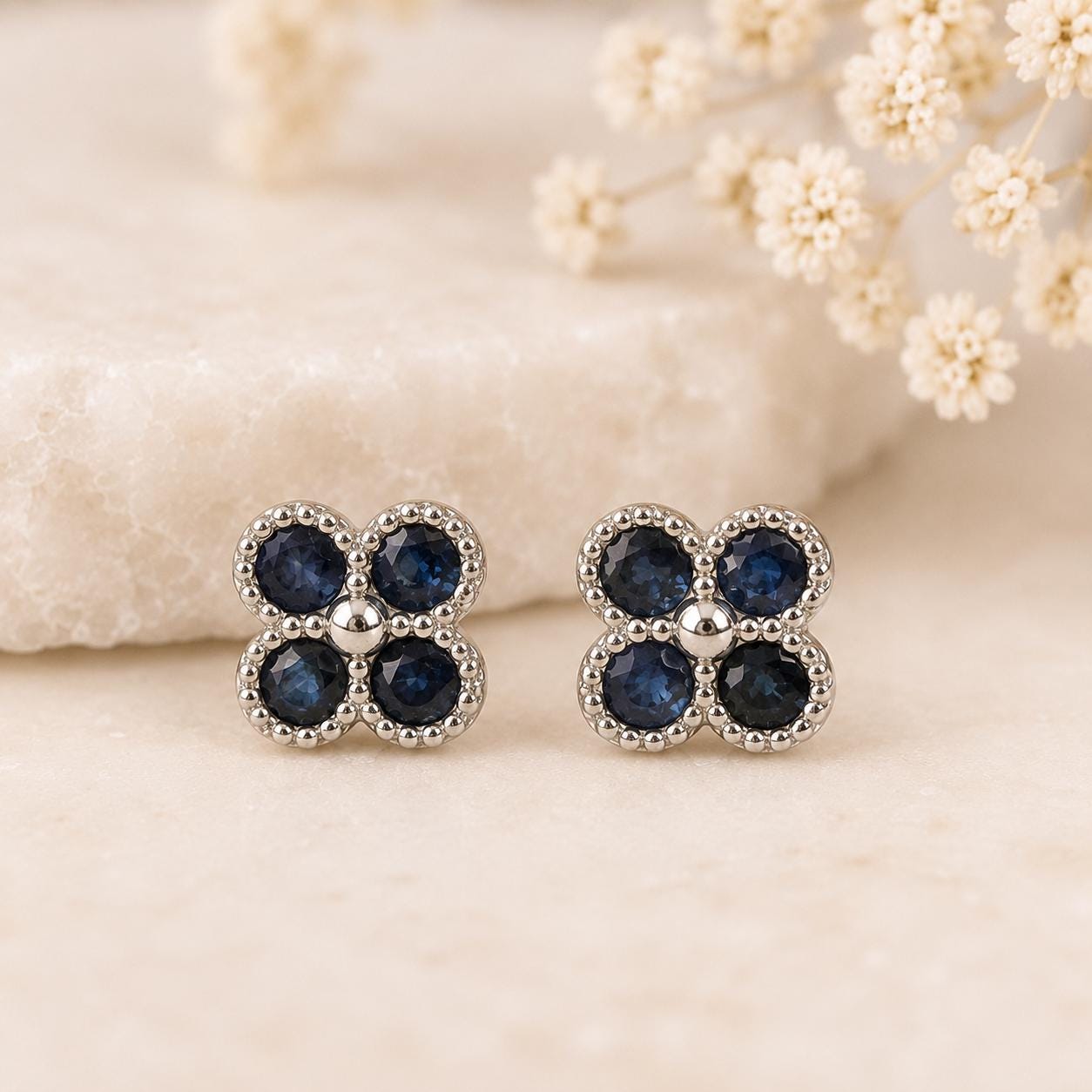 14K Solid Gold Genuine Sapphire Clover Studs/Pair