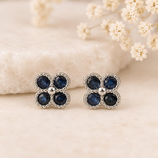 14K Solid Gold Genuine Sapphire Clover Studs/Pair