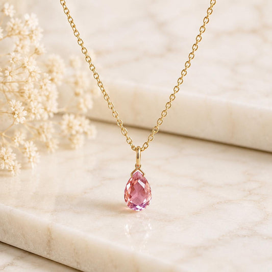 14K Solid Gold Pink Sapphire Necklace | Natural Pink Sapphire Pendant | September Birthstone Necklace | Briolette Cut Pendant