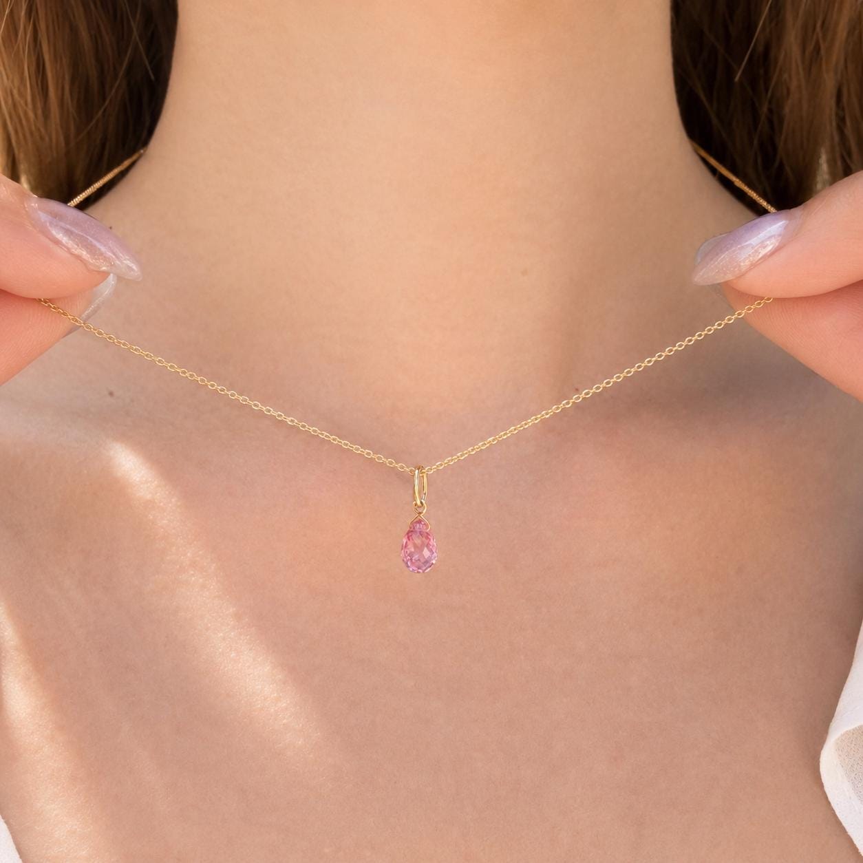 14K Solid Gold Pink Sapphire Necklace | Natural Pink Sapphire Pendant | September Birthstone Necklace | Briolette Cut Pendant