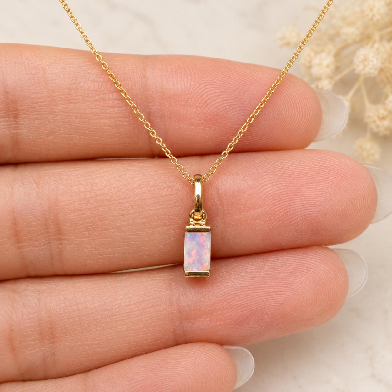 14K Solid Gold Natural Australian Opal Necklace | Genuine Opal Pendant | Opal Baguette Pendant | October Birthstone Gift