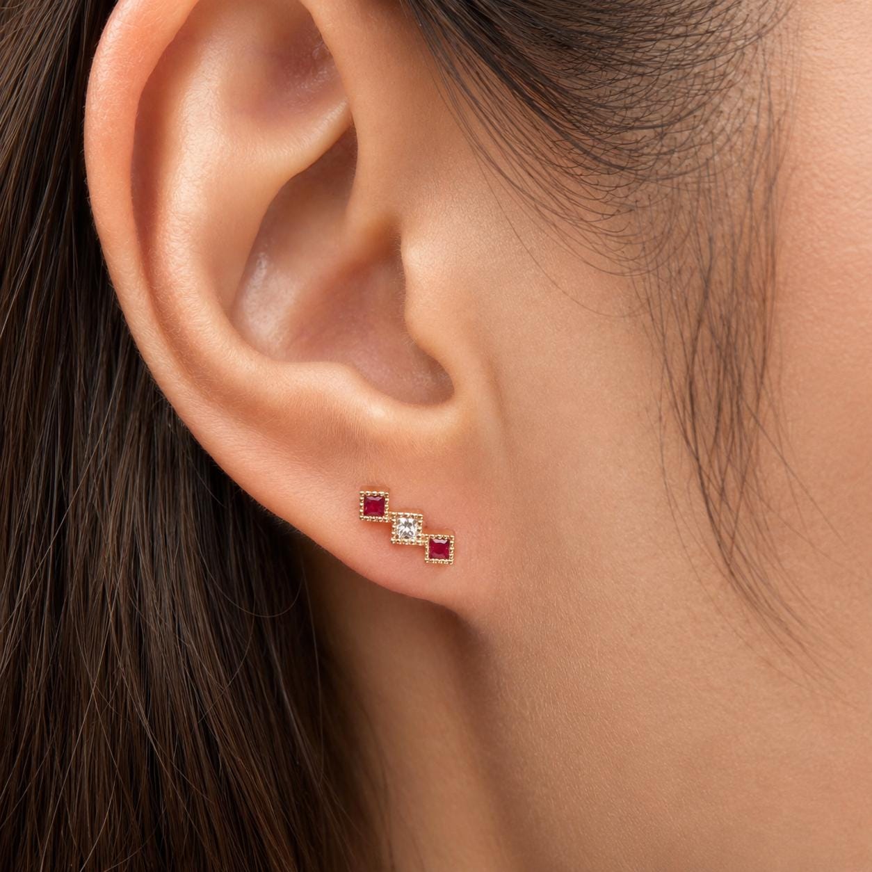 18K Rose Gold Natural Ruby Diamond Stud Earrings | Princess Cut Ruby Earrings | July Birthstone Earrings | Ruby Bar Studs