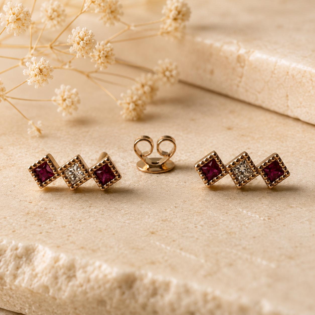 18K Rose Gold Natural Ruby Diamond Stud Earrings | Princess Cut Ruby Earrings | July Birthstone Earrings | Ruby Bar Studs