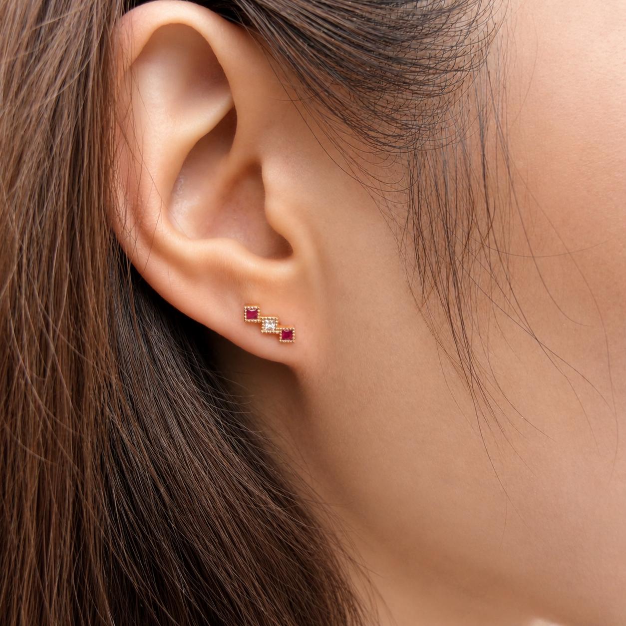 18K Rose Gold Natural Ruby Diamond Stud Earrings | Princess Cut Ruby Earrings | July Birthstone Earrings | Ruby Bar Studs