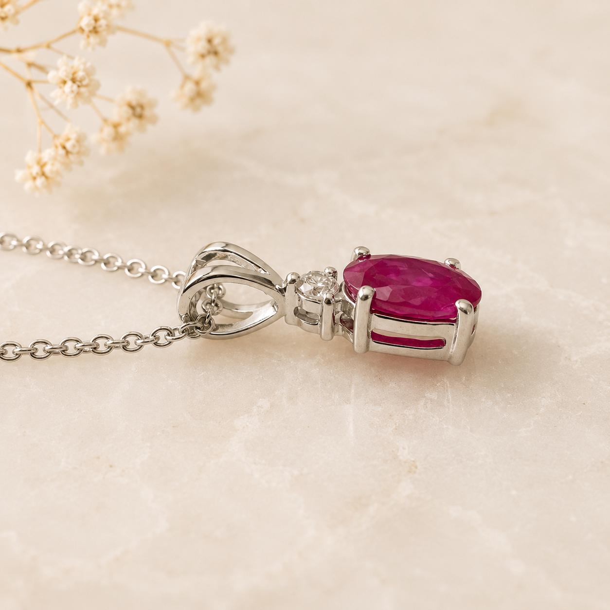 Natural Ruby Diamond Pendant Necklace | 14K White Gold Ruby Necklace | July Birthstone Necklace | Oval Ruby Pendant Gift for Her