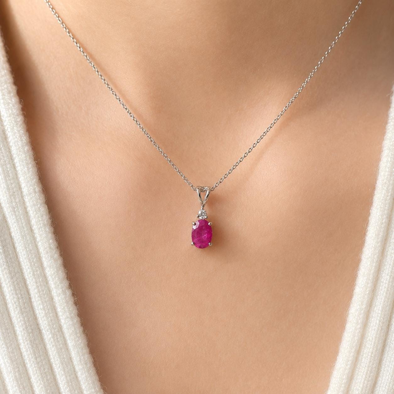 Natural Ruby Diamond Pendant Necklace | 14K White Gold Ruby Necklace | July Birthstone Necklace | Oval Ruby Pendant Gift for Her