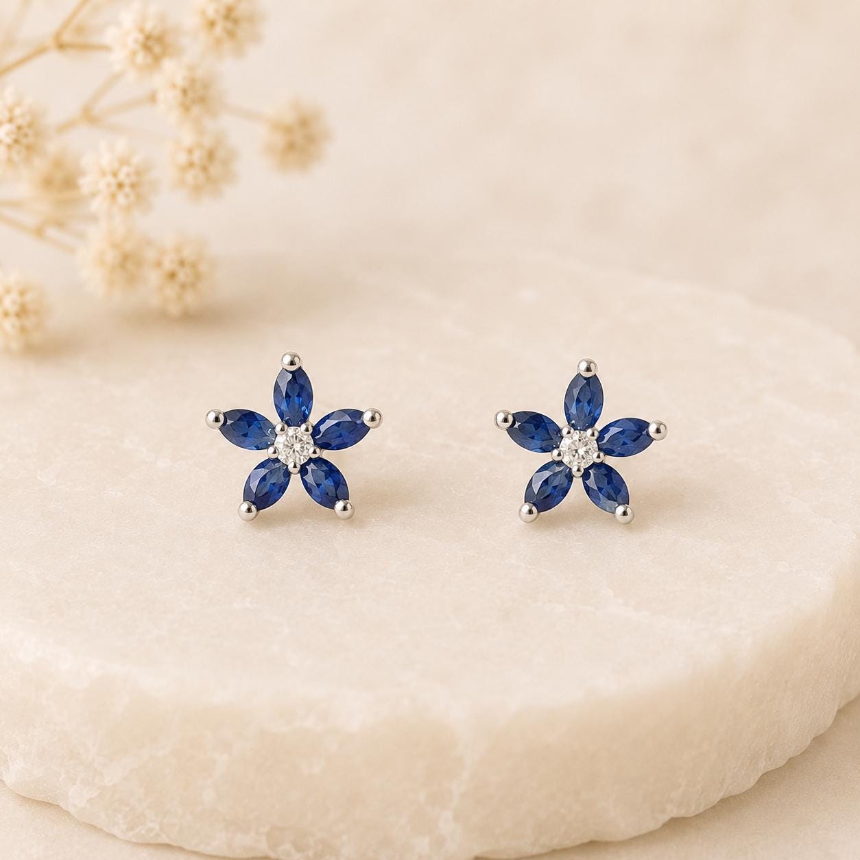 14K Solid Gold Sapphire Flower Studs