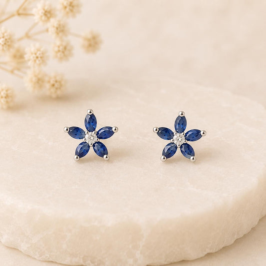 14K Solid Gold Sapphire Flower Studs