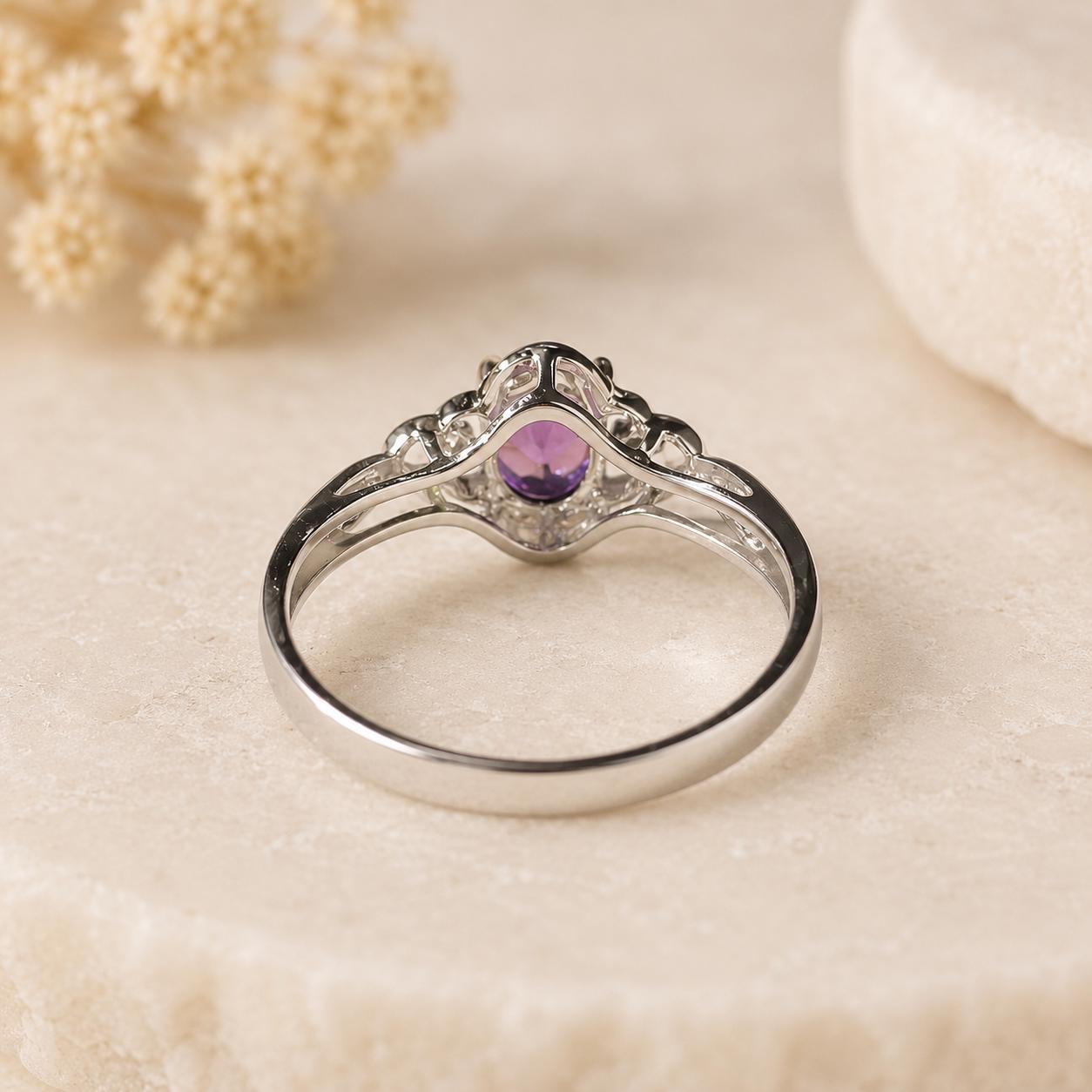 14K Solid Gold Genuine Amethyst and Diamond Ring