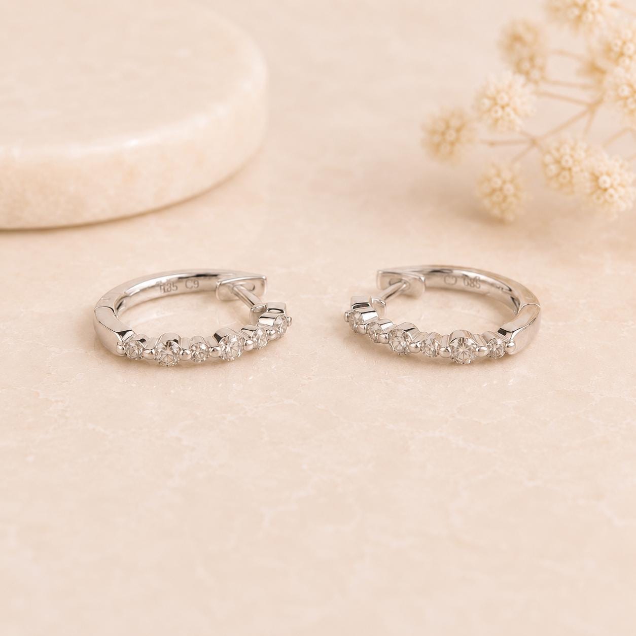 14K Solid Gold Natural Diamond Huggie Hoop Earrings, Genuine Diamond Hoops, Graduated Row, April Birthstone Everyday Jewelry