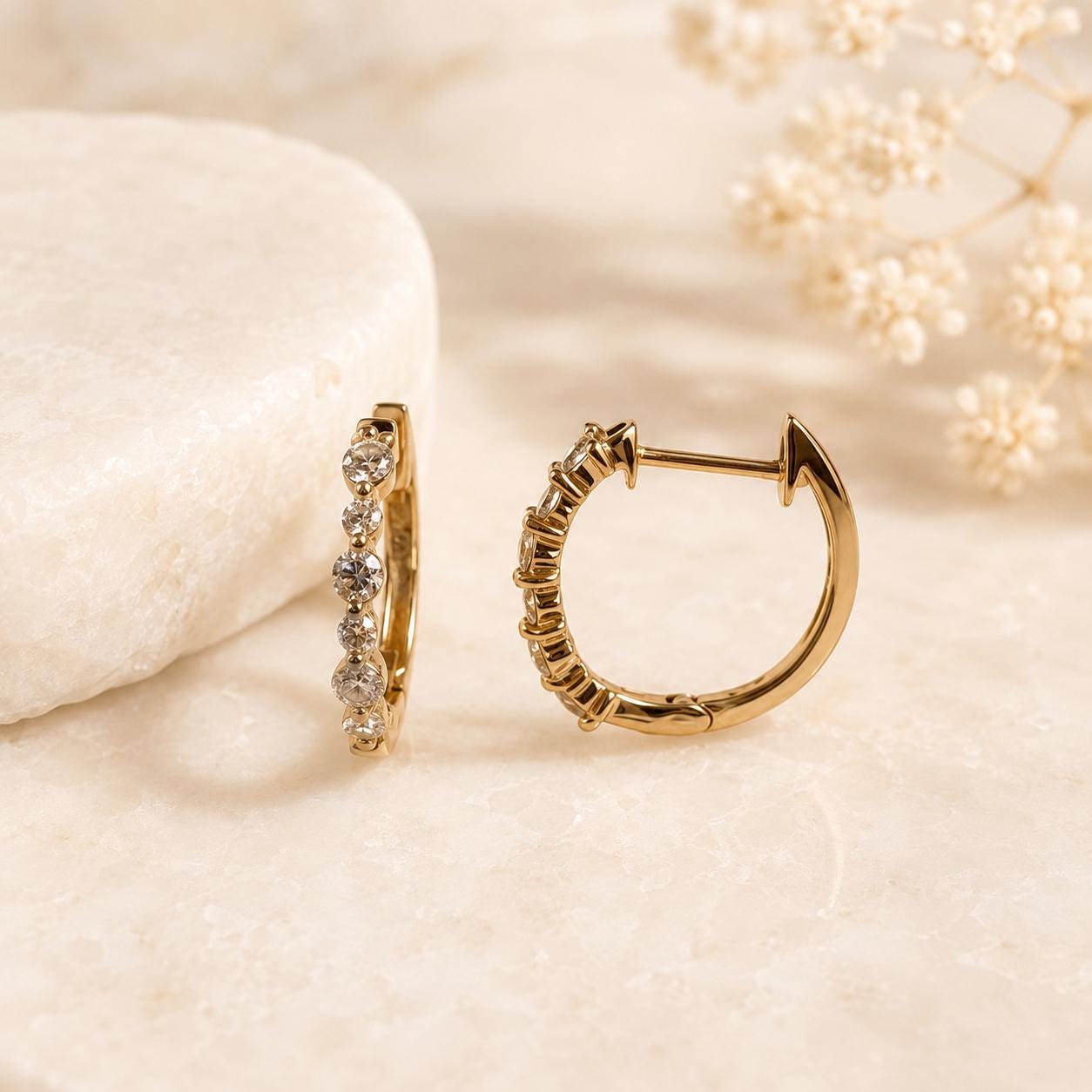 14K Solid Gold Natural Diamond Huggie Hoop Earrings, Genuine Diamond Hoops, Graduated Row, April Birthstone Everyday Jewelry