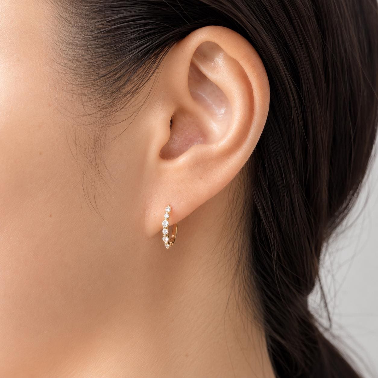 14K Solid Gold Natural Diamond Huggie Hoop Earrings, Genuine Diamond Hoops, Graduated Row, April Birthstone Everyday Jewelry