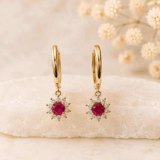 Solid 14K Gold Natural Ruby Diamond Sun Hoop Earrings, Genuine Burma Ruby Dangle, July Birthstone Gift for Her