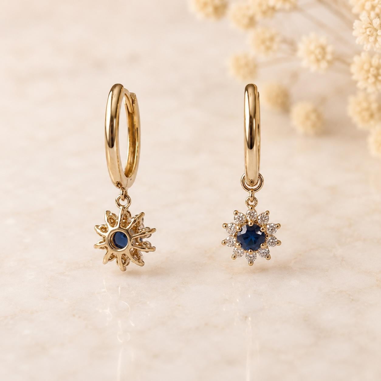 Natural Sapphire Diamond Sun Hoop Earrings, 14K Yellow Gold, Genuine Sapphire Dangle, September Birthstone Gift