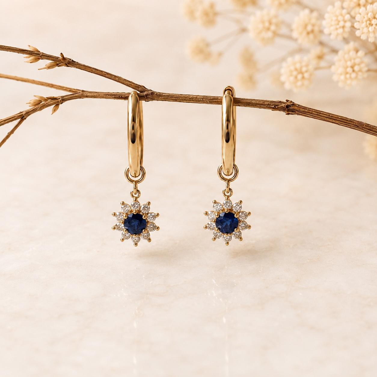 Natural Sapphire Diamond Sun Hoop Earrings, 14K Yellow Gold, Genuine Sapphire Dangle, September Birthstone Gift